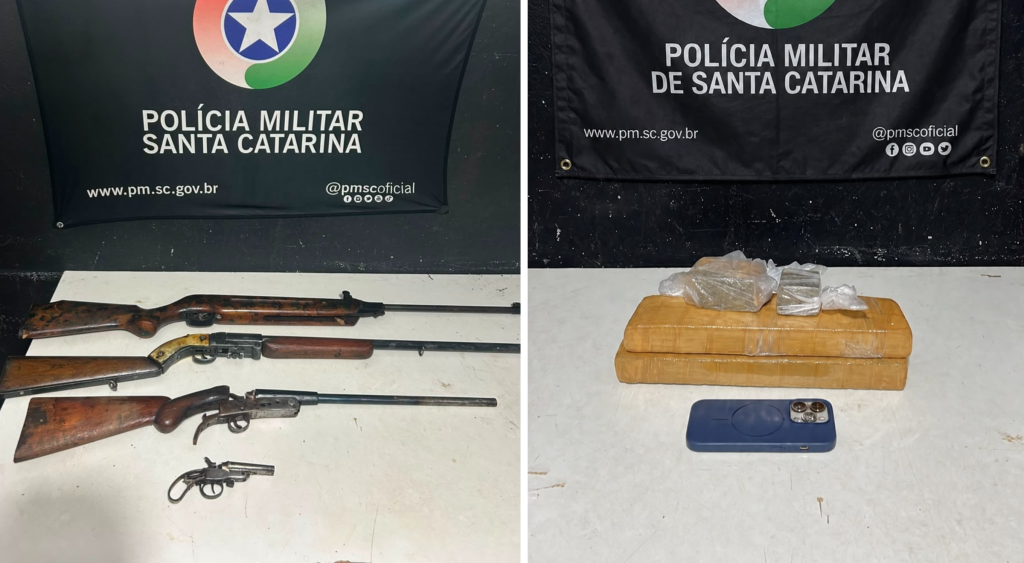 Foragido foge durante operação da PM em Itajaí e deixa arsenal para trás; outra ação termina com prisão e apreensão de mais de 2 kg de maconha